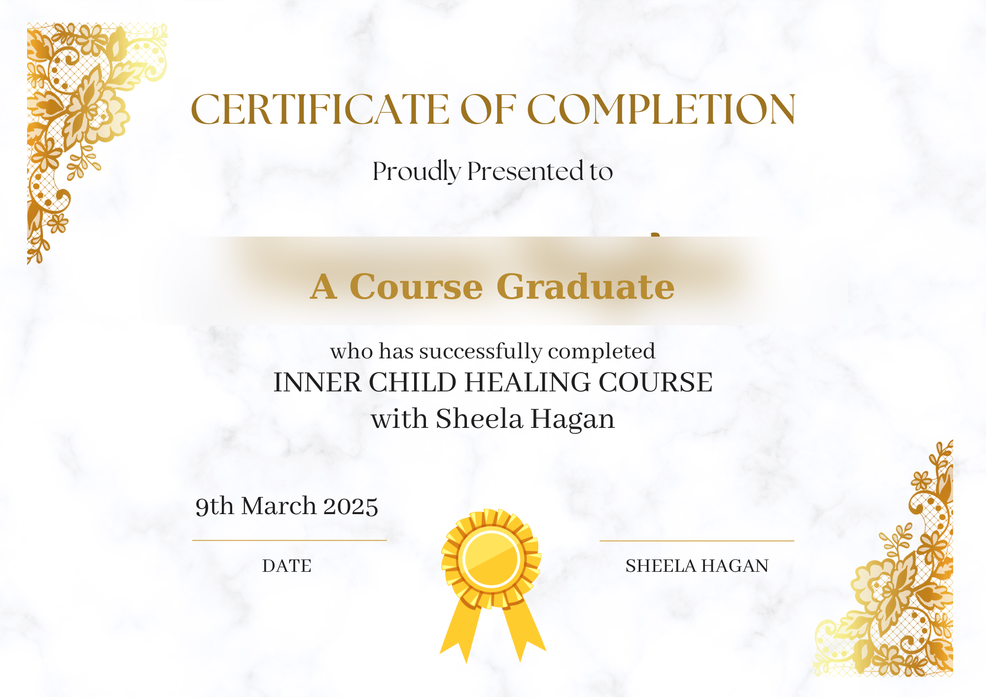 A certificate of completion for the Inner Child Healing Course, awarded by Sheela Hagan